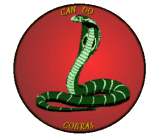 Red circle with a cobra in the middle with, "Can Do Cobras"