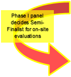 Orange 180 arrow pointing back to center with the text "Phase 1 panel decides Semi-Finalist for on-site evaluations"