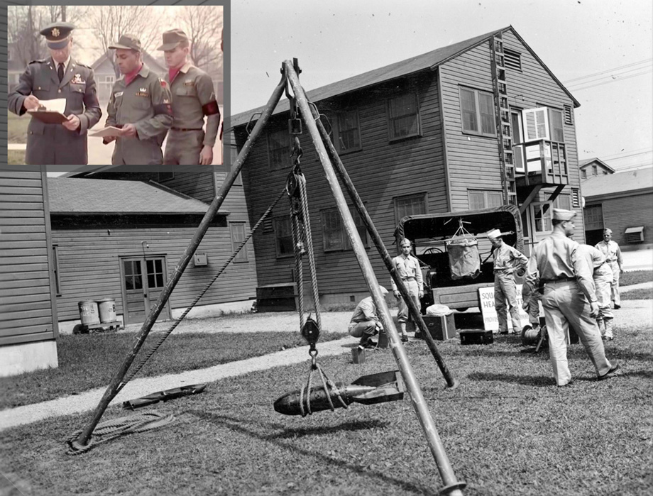 Top left: Army soldiers talking with Officer. Main image is of a US Bomp Disposal School