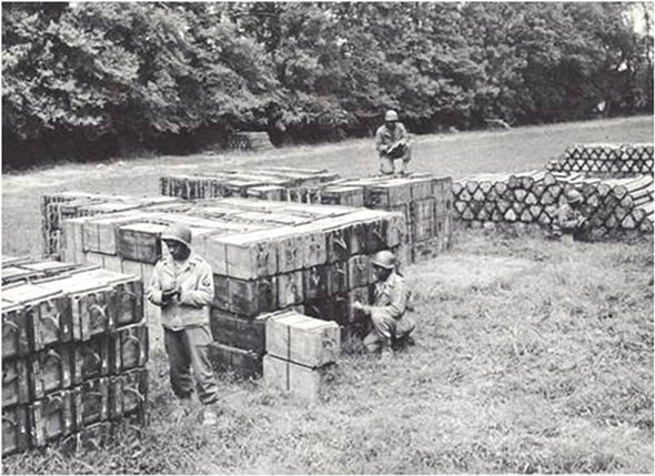 An African-American ammunition handling company conducts an inventory in World War II.