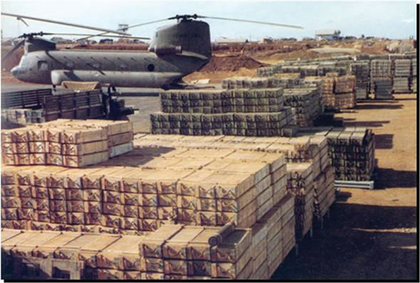A forward ammunition supply point at Pleiku supports operations during the Vietnam War.