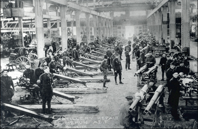 During WWI, Ordnance base shops and repair shops were fixed sites which could completely rebuild or overhaul weapons and equipment. The largest base shop, at Mehun, France, covered 50 acres and employed 2,000 American and French soldiers and civilians.