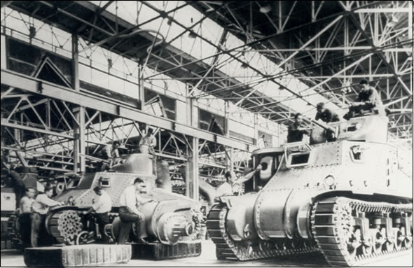 The Detroit Tank Arsenal in Michigan built more than 22,000 tanks, which was roughly 25 percent of the Nation's tank production during World War II. Here, M3 medium tanks are finished at the Detroit Army Tank Arsenal.