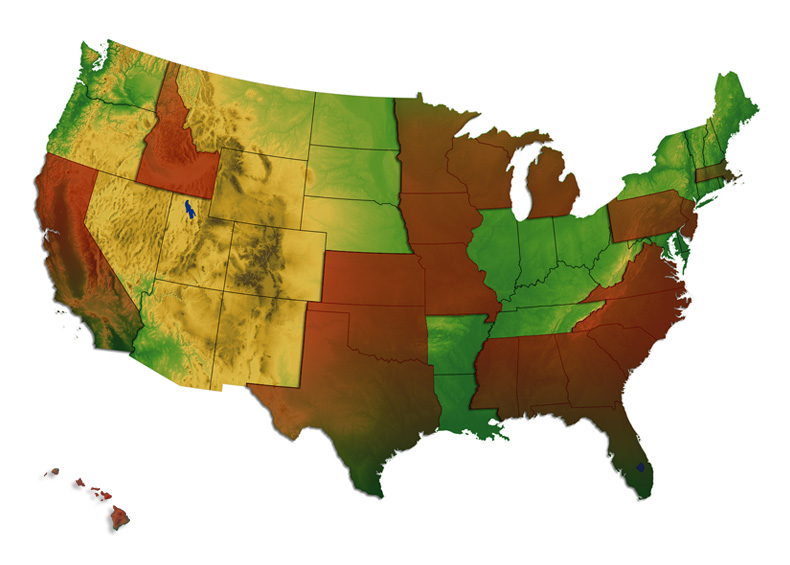 United States map with OD training locations marked