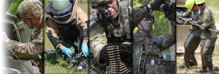 Collage of images showing soldiers working: on a vehicle, EOD with an explosive, handling ammunition, EOD taking photos, and vehicle recovery