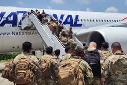 Approximately 100 U.S. Army Reserve Soldiers from the 393rd Combat Sustainment Support Battalion (CSSB), the 448th Engineer Battalion, the 407th Finance Detachment, and the 407th Medical Detachment departed from Puerto Rico, July 12 for Joint Base McGuire-Dix-Lakehurst, NJ, to participate in the Warrior Exercise (WAREX), as part of their annual training. (Photo Credit: Carlos Cuebas).