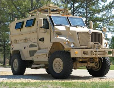 Front right corner view of a Mine Resistance Ambush Protected (MRAP) vehicle
